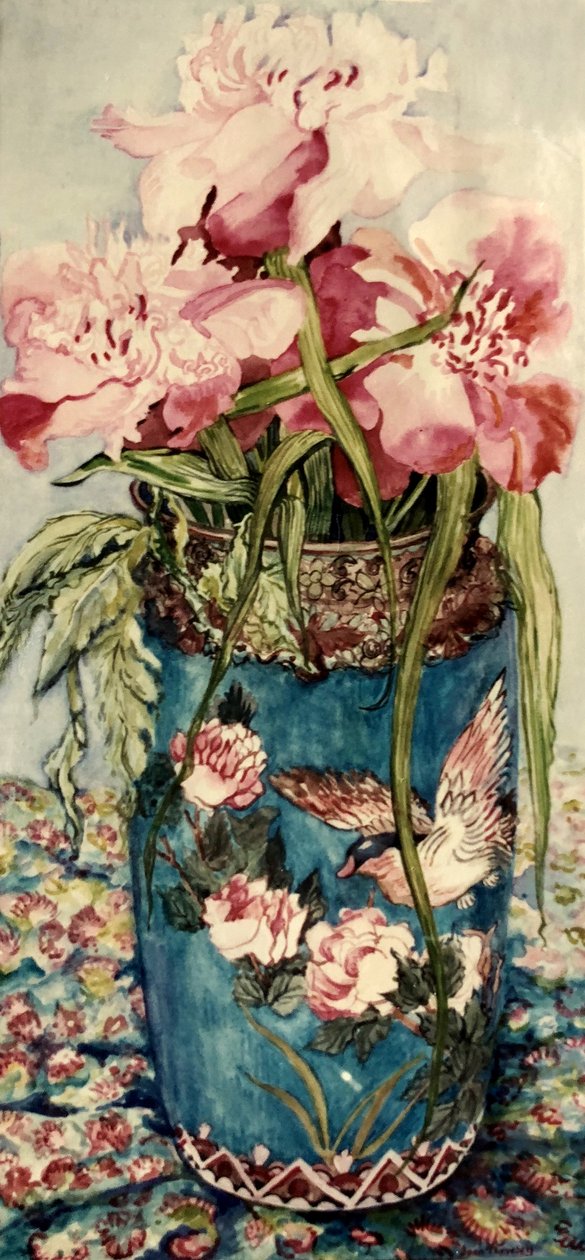 Pæoner i en Cloisonne vase, swed av Joan Thewsey