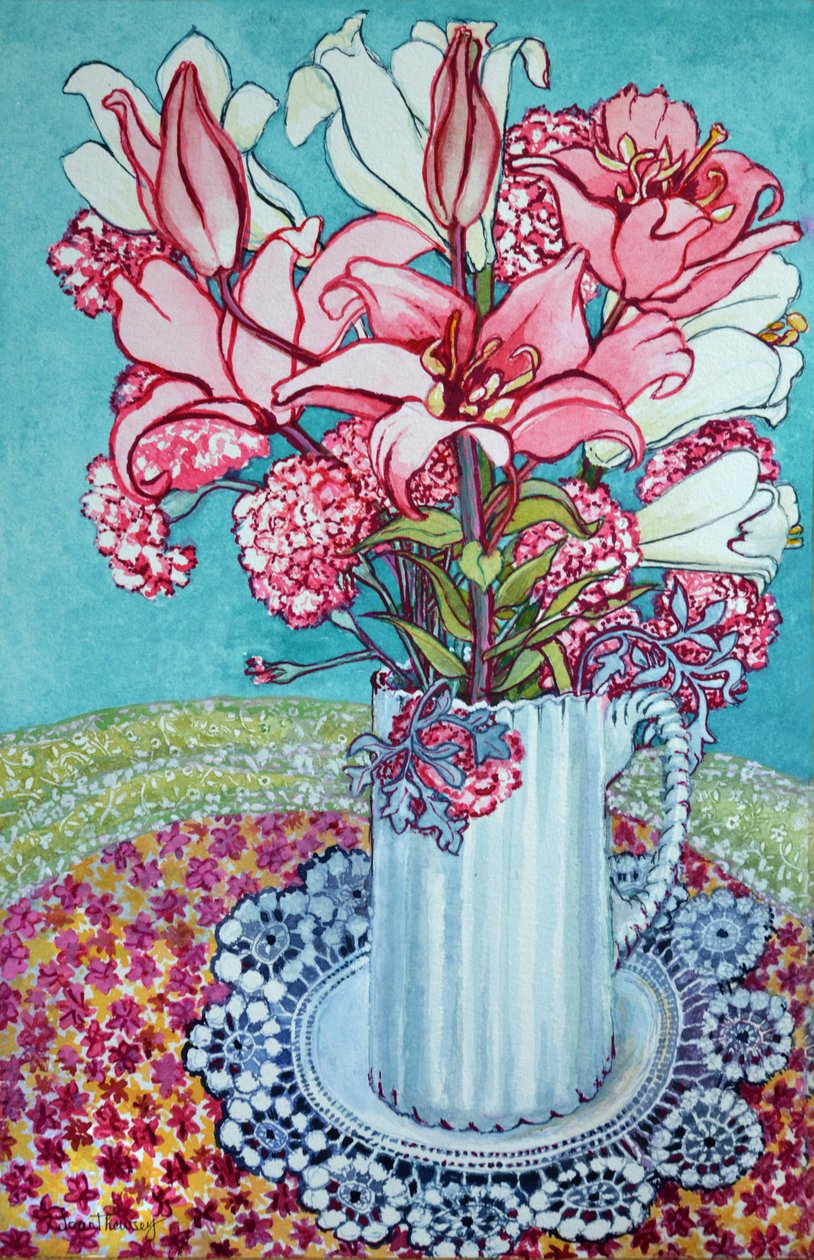 Pink Lilies in a Jug, with Lace, 2000,swed av Joan Thewsey
