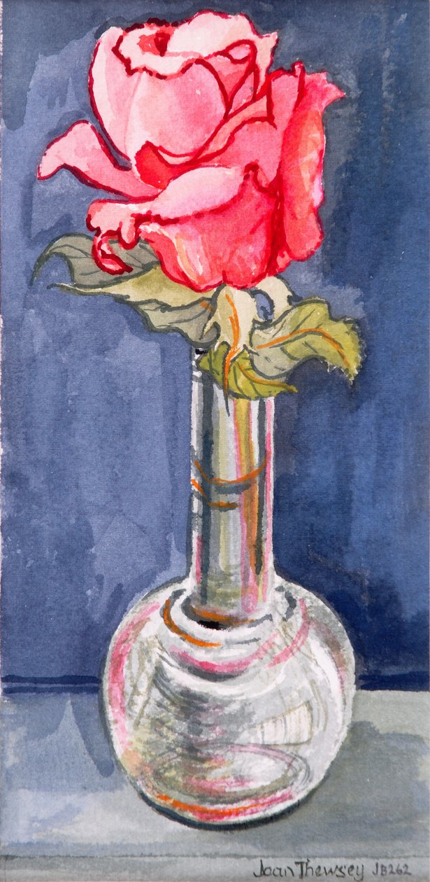 Rosa ros i en knoppvas, 2000. Akvarell på handgjort papper av Joan Thewsey