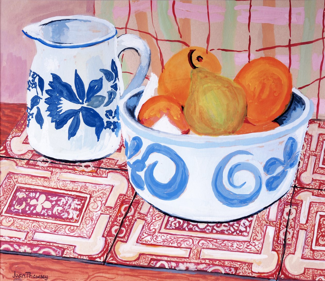 Stilleben; blå och vit skål och kanna; gouache av Joan Thewsey