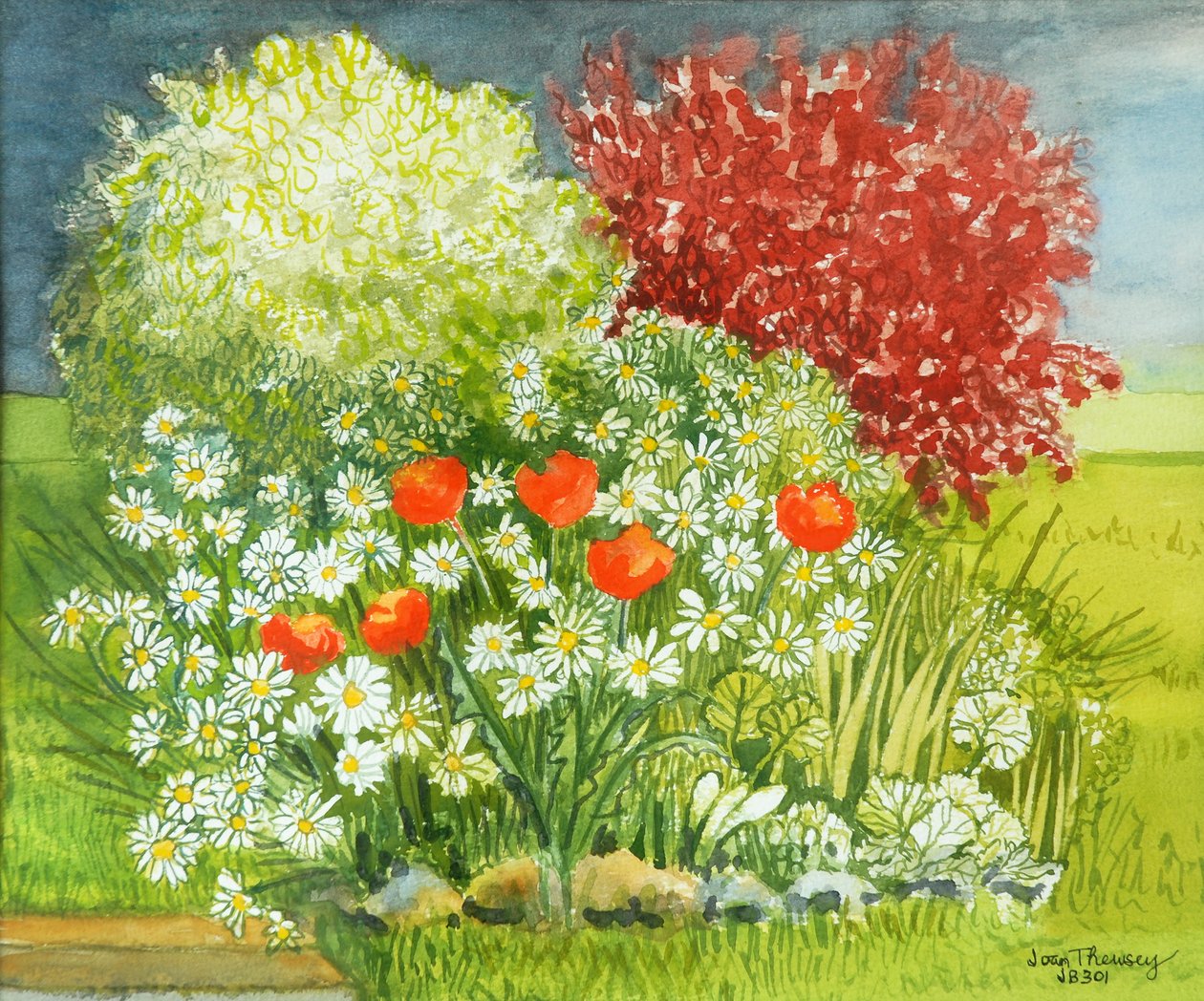 Suffolk Garden, Rain Coming, 2011, vattenfärg av Joan Thewsey