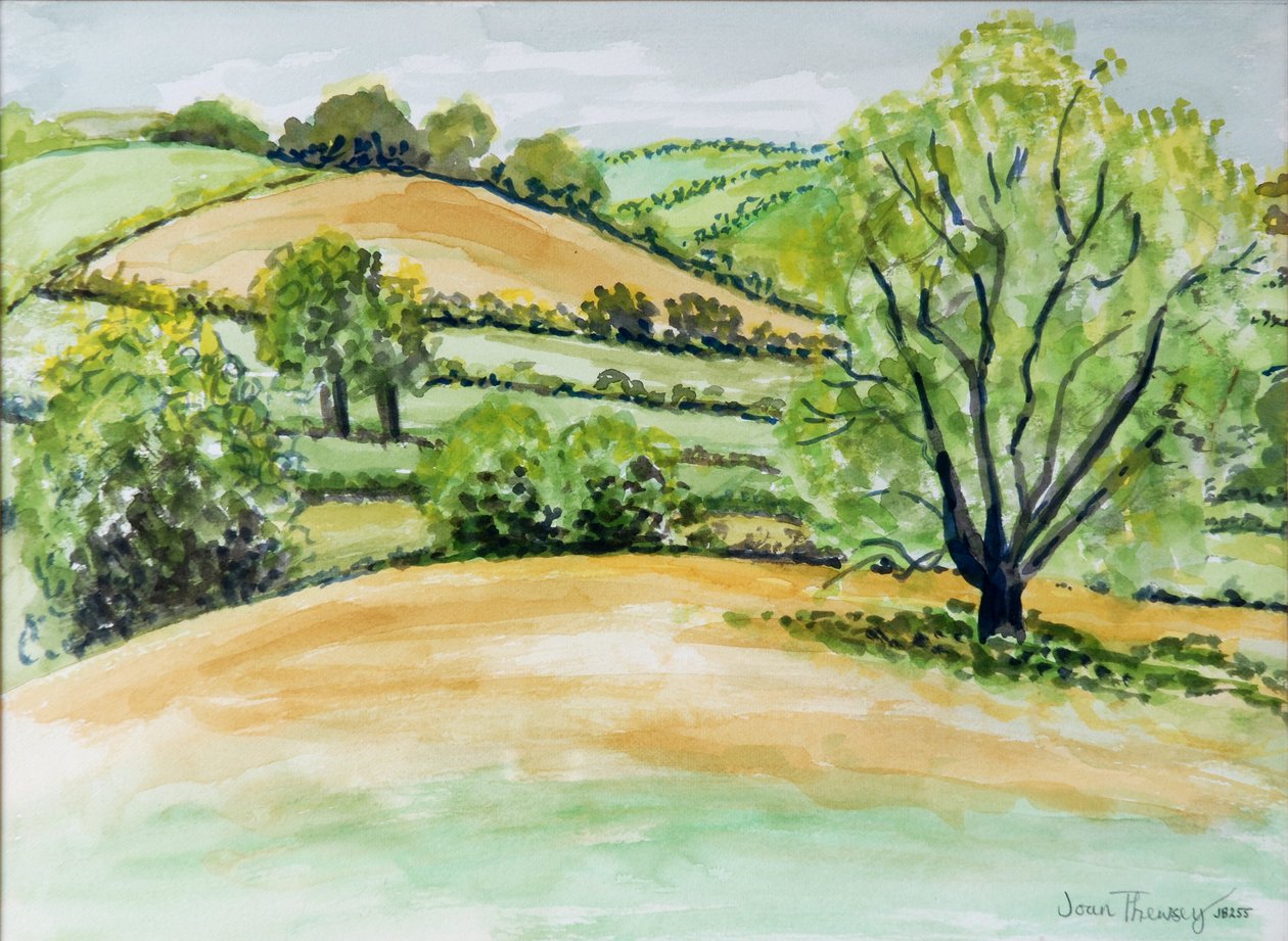 Suffolk Landscape, utsikt från Dalham Church, 2011, vattenfärg av Joan Thewsey
