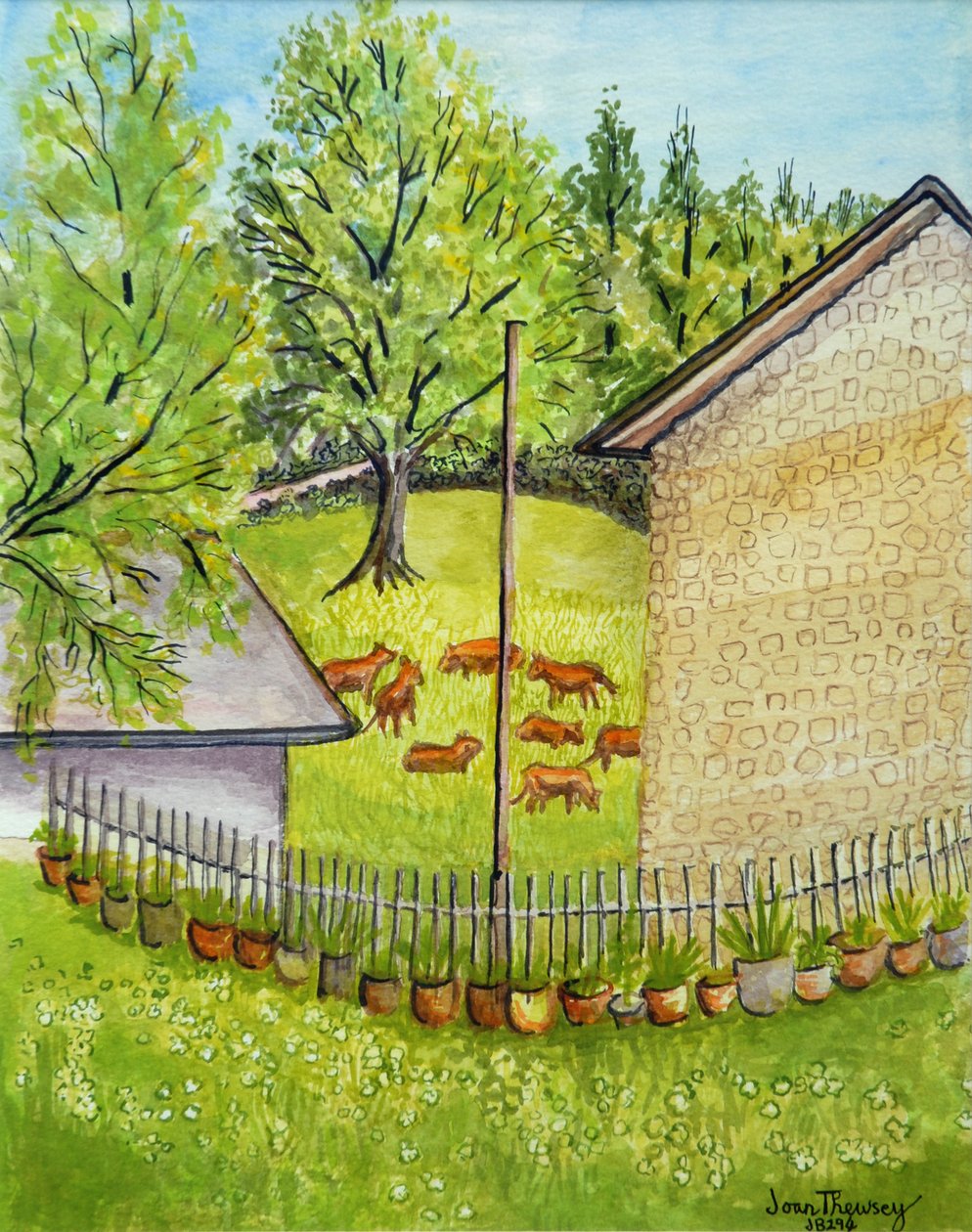 Utsikt från Ruths Garden, Limousin Frankrike, vattenfärg av Joan Thewsey