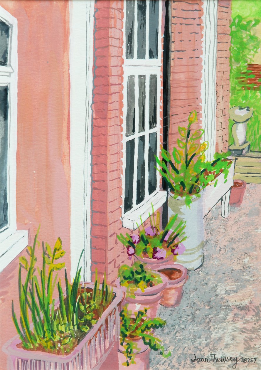Utsikt från stugans köksfönster med växter, 2010, gouache av Joan Thewsey
