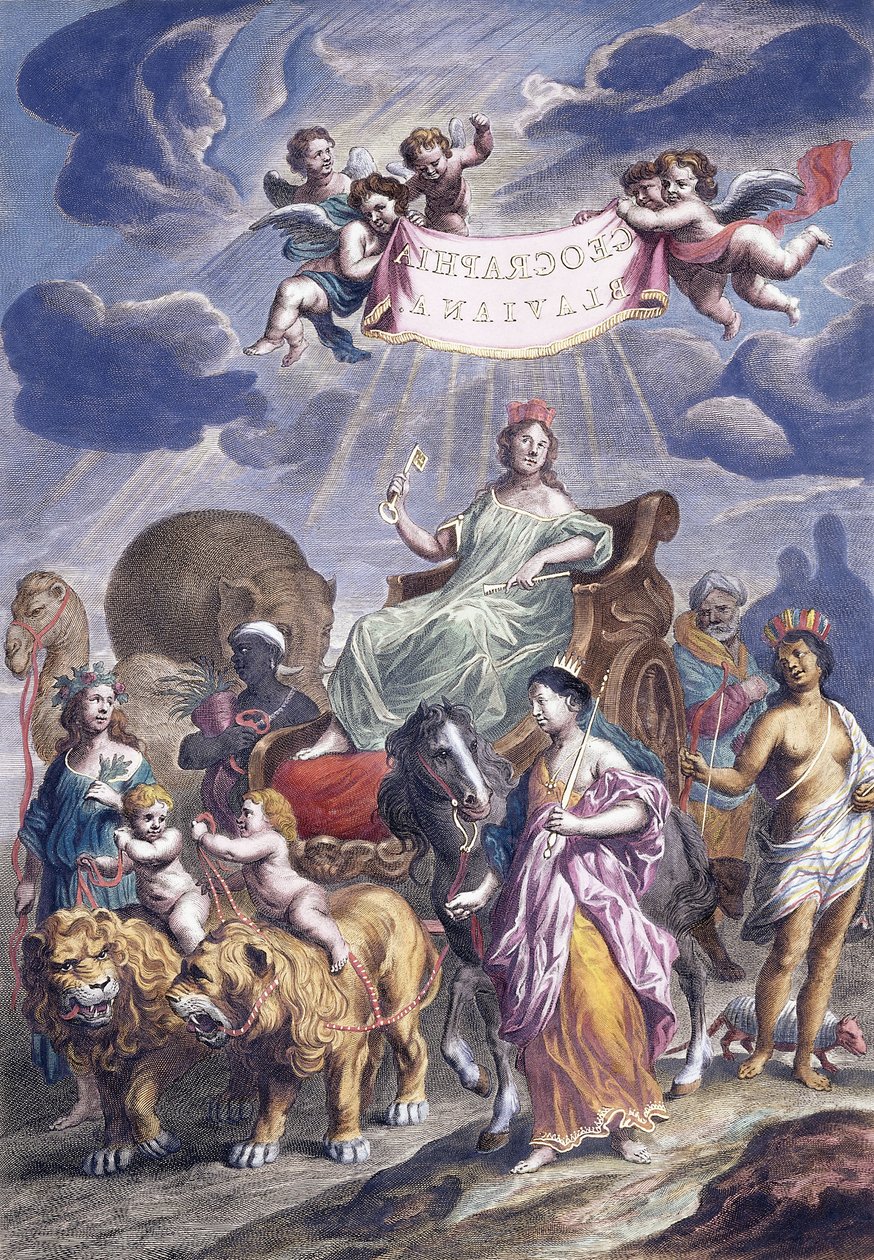 En allegorisk platta med titel, Geographia Blaviana, ca 1662-1667 av Joan Blaeu