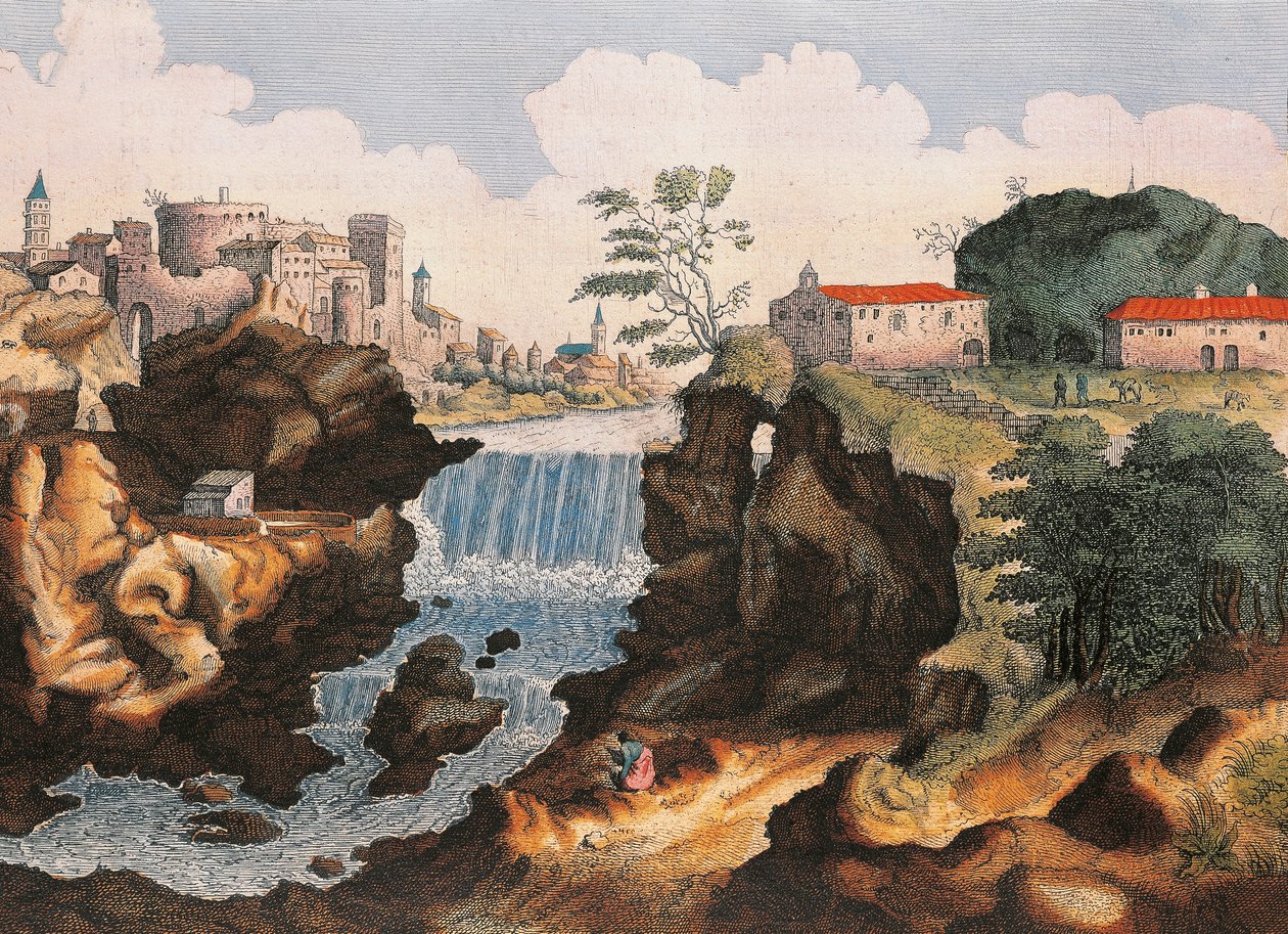 Aniene-vattenfallet i Tivoli (Rom), från Italiens underverk, av Joan Blaeu, målning av Joan Blaeu