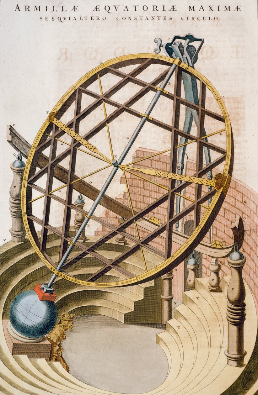 Stor ekvatorial armillarsfär designad av Tycho Brahe, illustration från Le grand atlas ou Cosmographie blaviane (Atlas Maior), av Joan Blaeu, gravyr, Nederländerna av Joan Blaeu