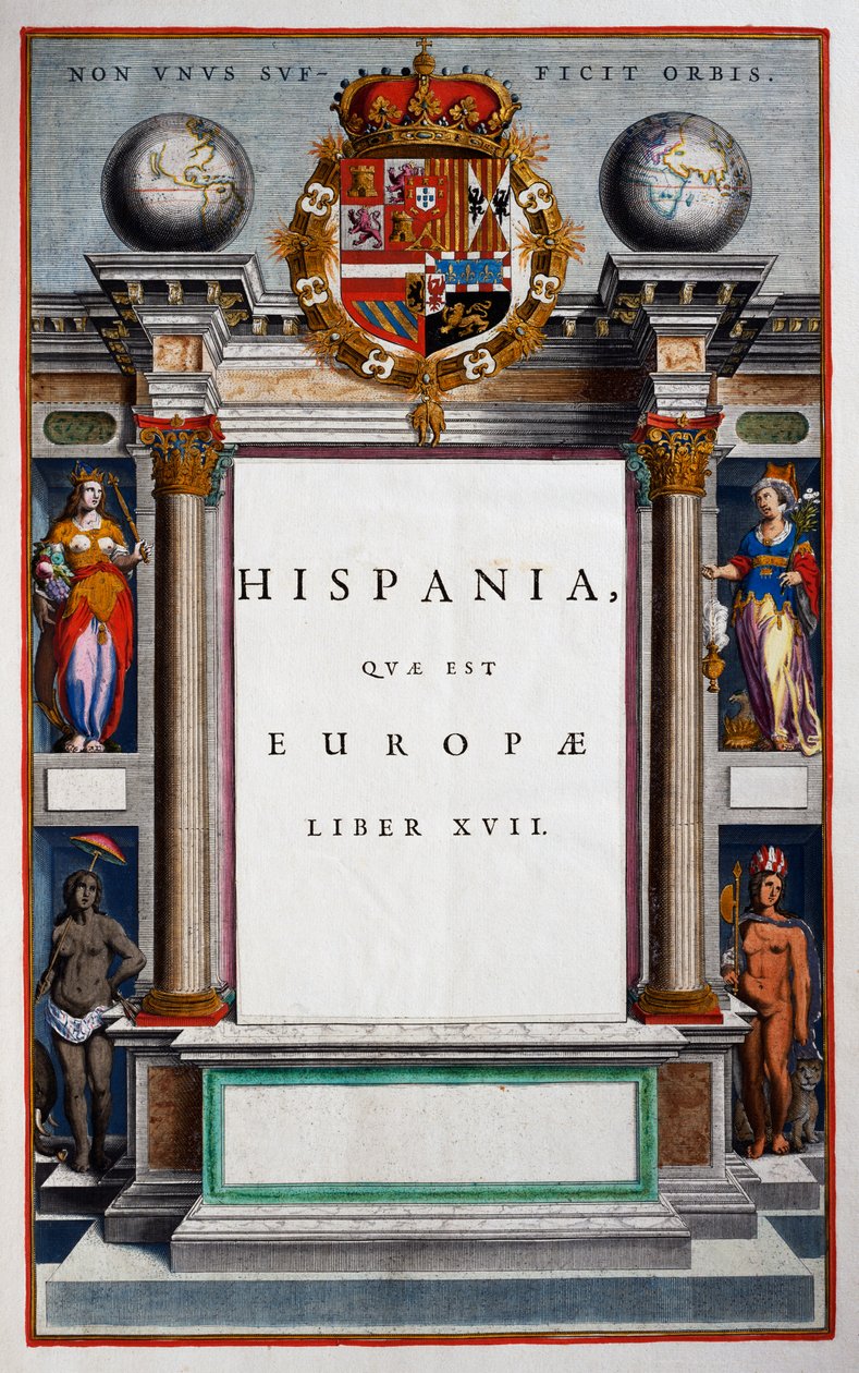 Hispania quae est Europae, Bok XVII, titelsida till volym IX, från Atlas Maior, atlas i 11 volymer, av Joan Blaeu (1596-1673), kopparstick, 57,5x39 cm, Amsterdam av Joan Blaeu