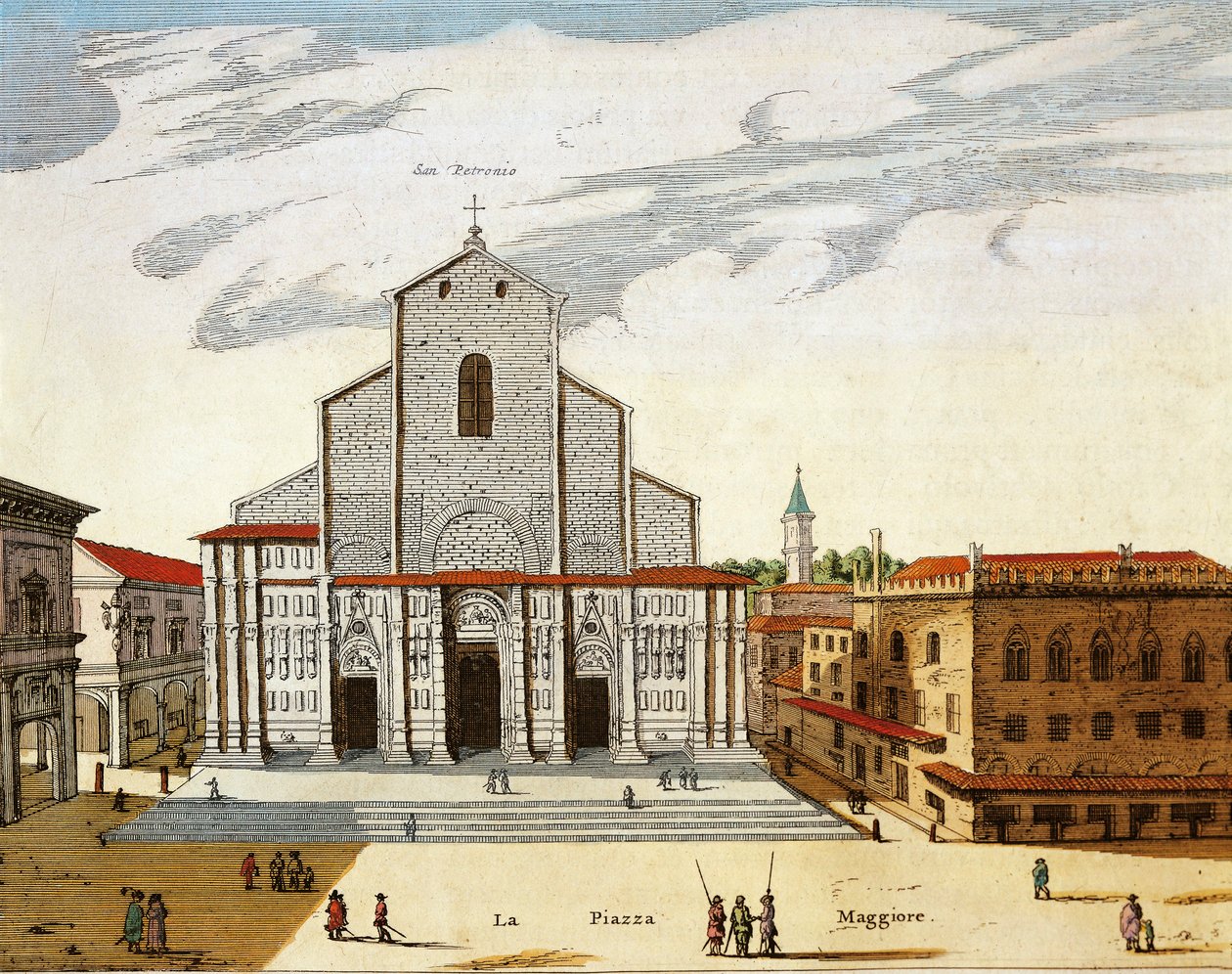 Italien, Bologna, San Petronio-katedralen i Venedig, tryck av Joan Blaeu