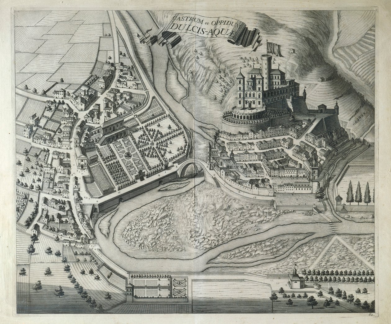 Italien, Dolceacqua, Byn Dolceacqua (Imperia) från Theatrum Regiae Celsitudinis Savoy av Joan Blaeu, Amsterdam av Joan Blaeu