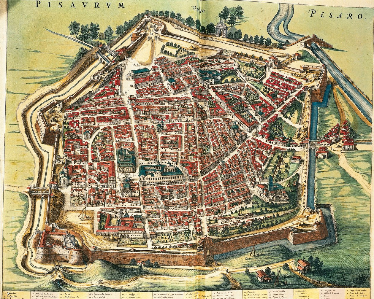 Italien, karta över Pesaro, från teatern i staden och Italiens under av Joan Blaeu, gravyr av Joan Blaeu