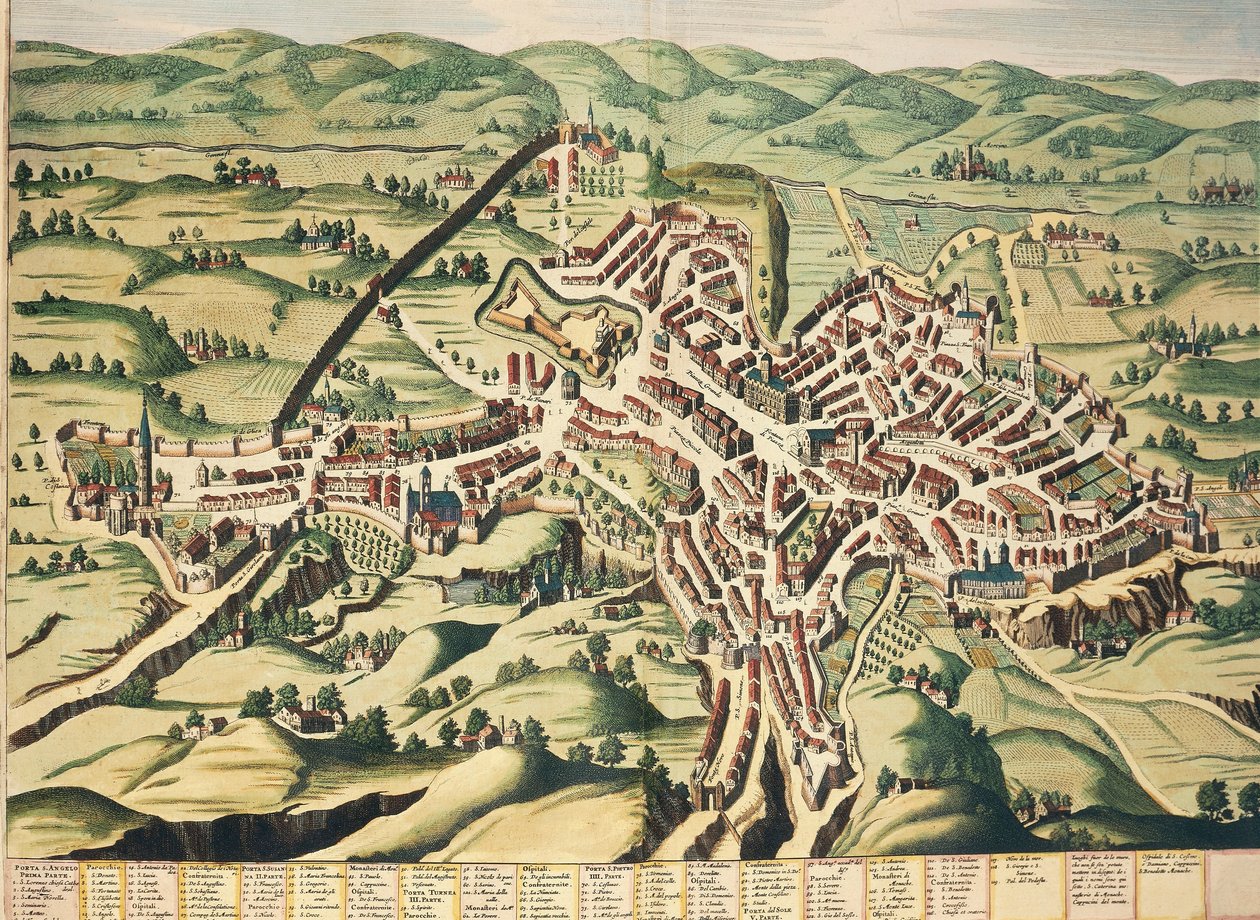 Italien, Perugia, Umbrien, karta, gravyr från Theatrum Civitatum et Admirandorum Italiae av Joan Blaeu av Joan Blaeu