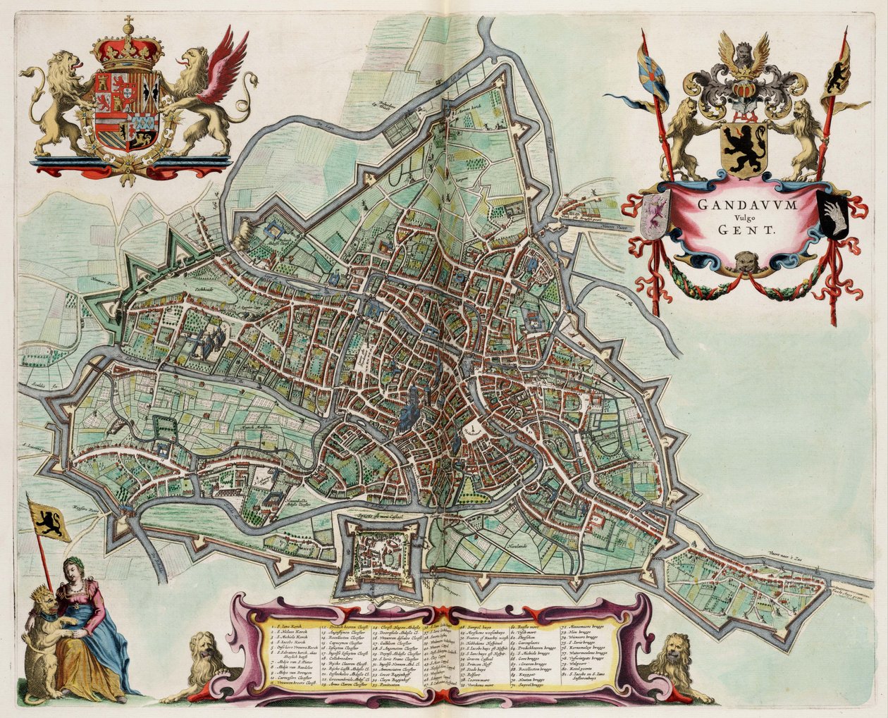 Karta över Gent, Belgien ; från Atlas van Loon av Joan Blaeu