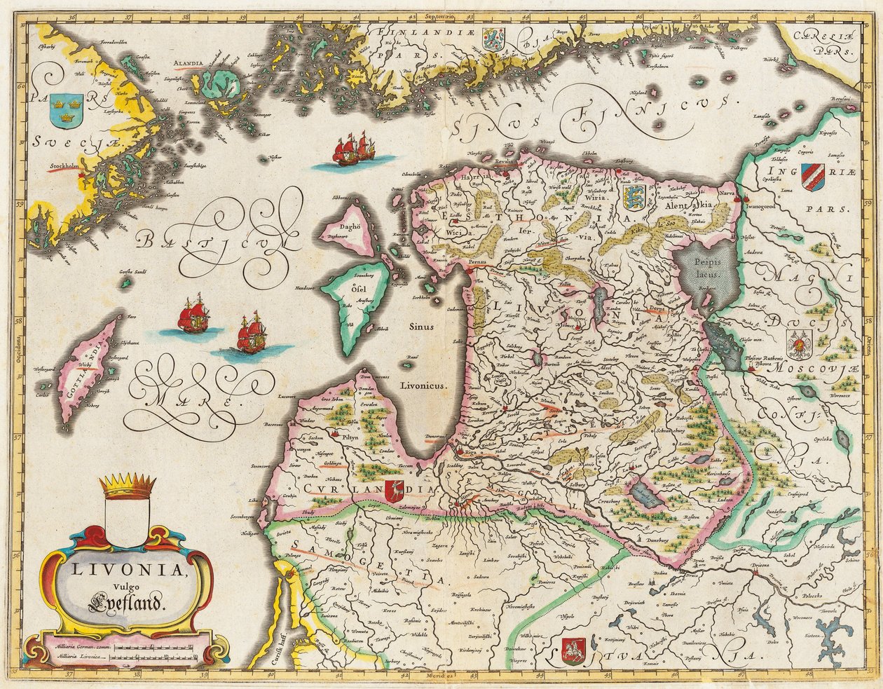 Karta över Livland, Vulgo Lyefland, Atlas Maior av Joan Blaeu