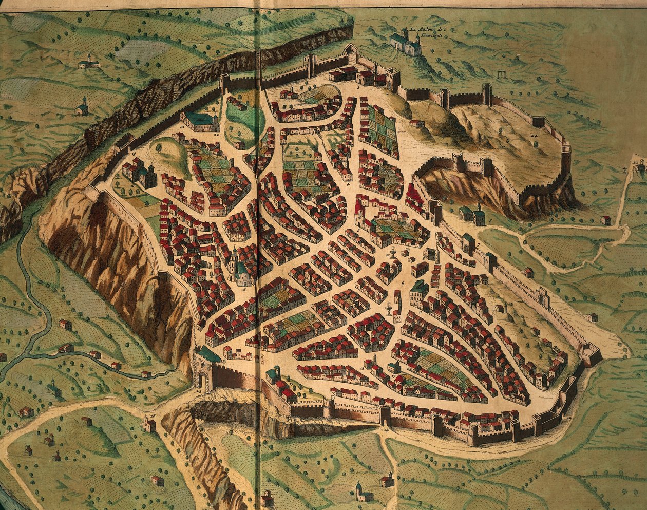 Karta över Acquapendente från The Theatre of the City and Wonderful Italy av Joan Blaeu, gravyr av Joan Blaeu