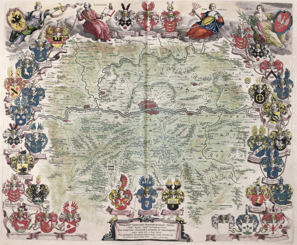 Karta över Frankfurt med omnejd, från "Nova Hanc Territori Francofurtensis Tabulum", 1649 av Joan Blaeu