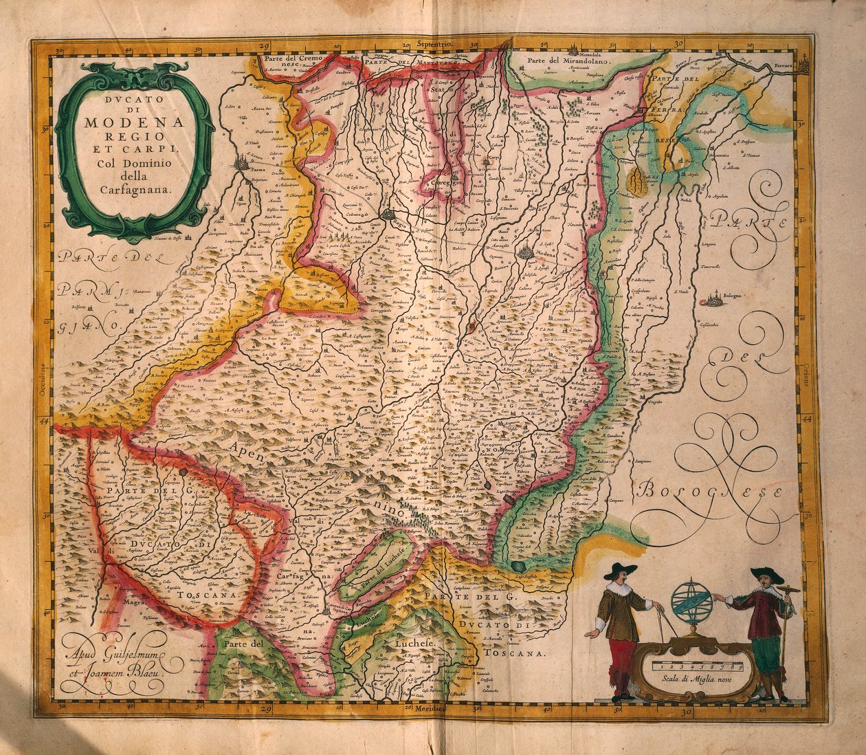 Karta över Modena från Theatrum civitatum et admirandorum Italiae av Joan Blaeu, gravyr av Joan Blaeu