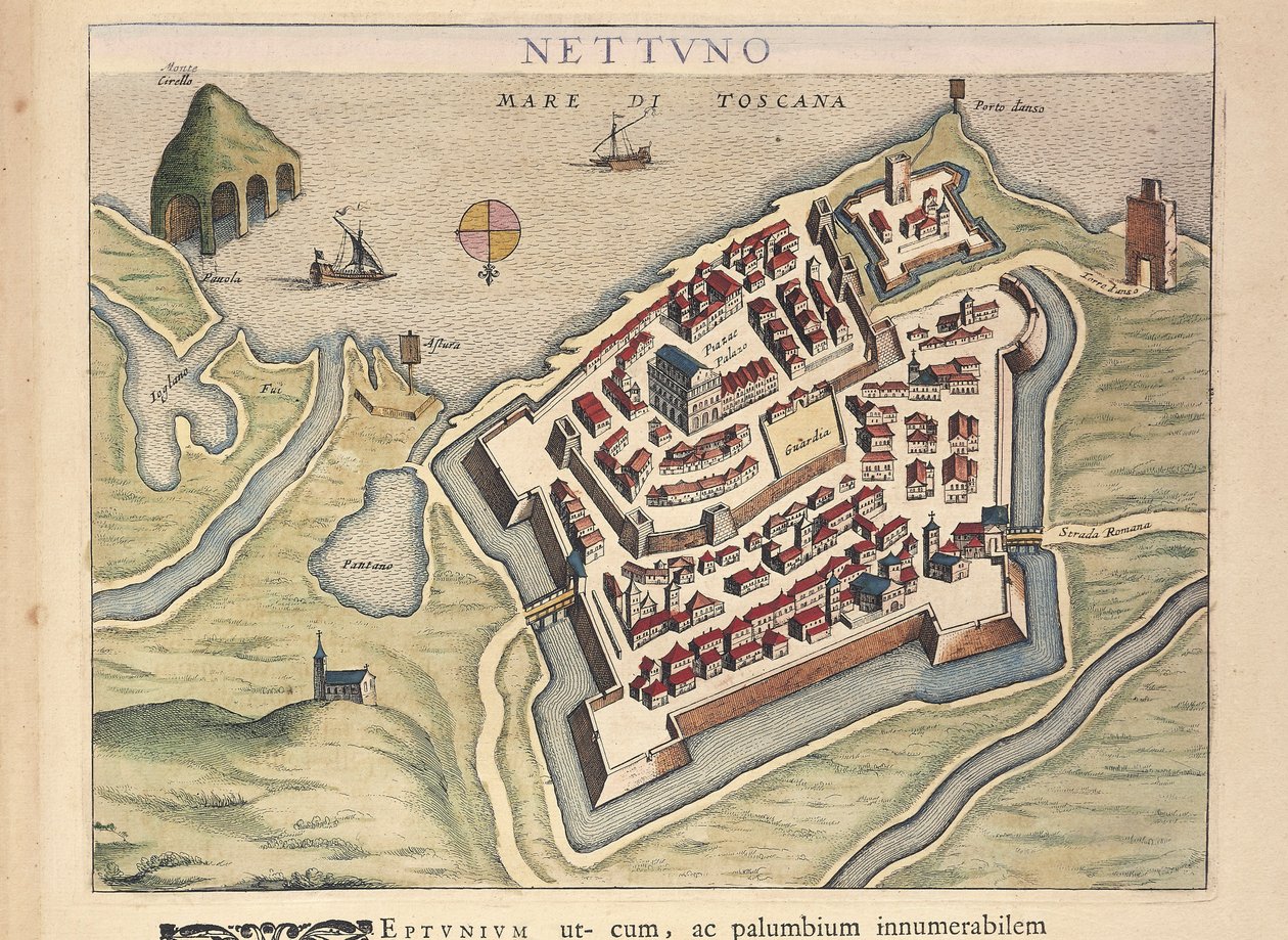 Karta över Nettuno, från Theatrum civitatum et admirandorum Italiae, av Joan Blaeu, gravyr av Joan Blaeu