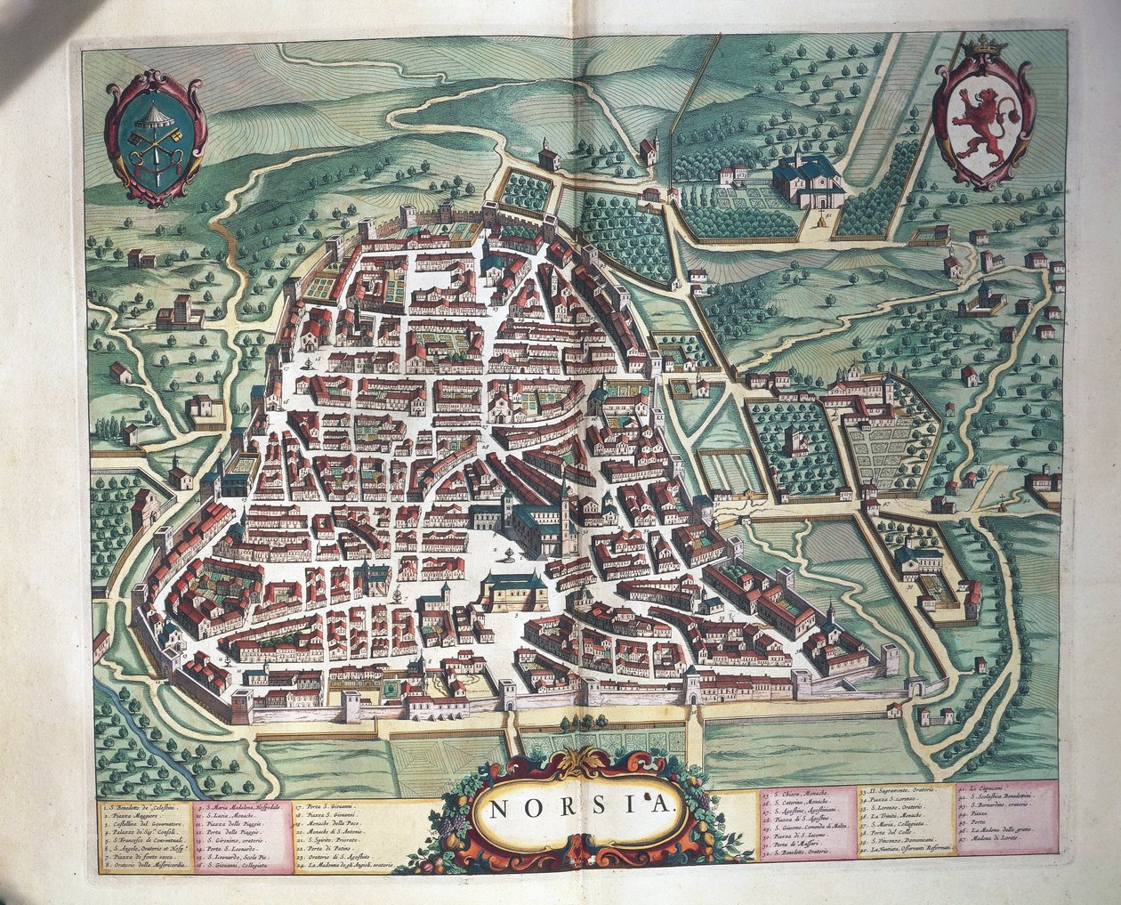 Karta över Norcia, från Theatrum civitatum et admirandorum Italiae av Joan Blaeu, gravyr av Joan Blaeu
