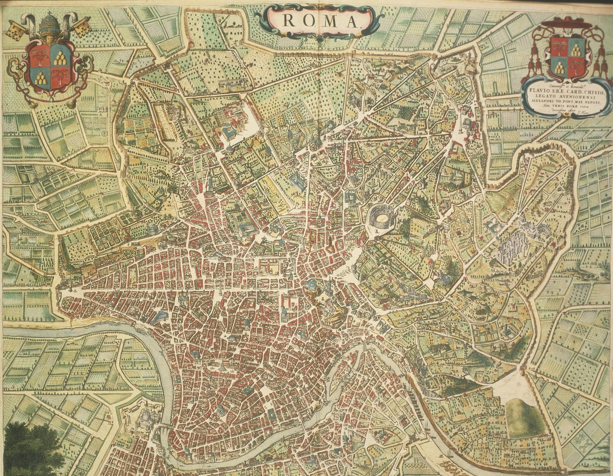 Karta över Rom, gravyr från Theatrum civitatum et admirandorum Italiae av Joan Blaeu, tryckt i Italien av Joan Blaeu
