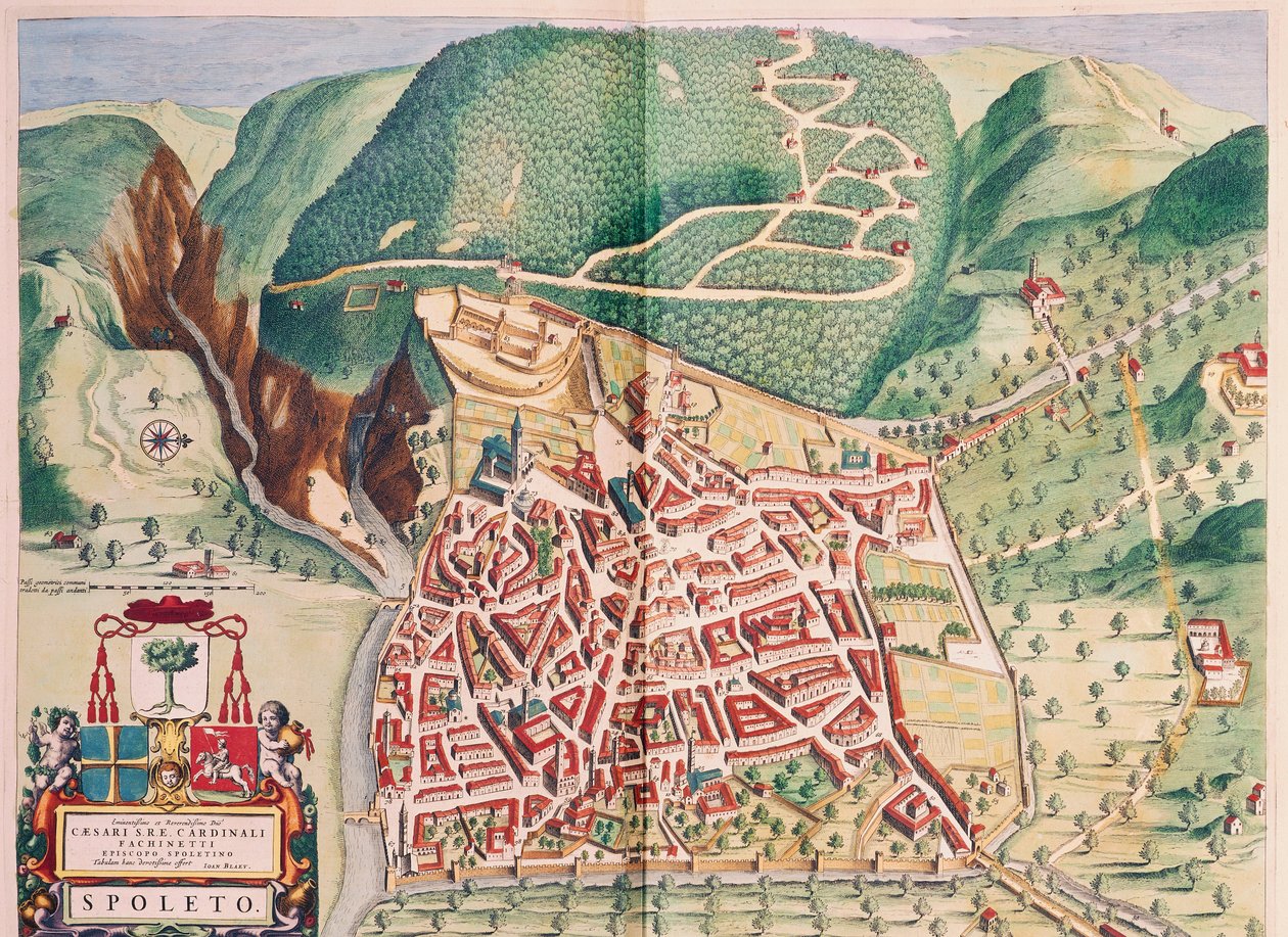 Karta över Spoleto från Theatrum civitatum et admirandorum Italiae, av Joan Blaeu, gravyr av Joan Blaeu