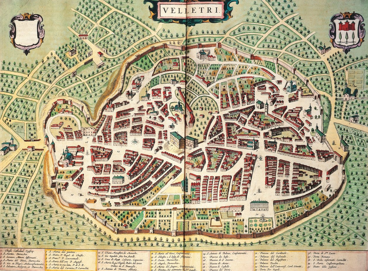 Karta över Velletri av Joan Blaeu, från teatern i Italiens städer och underverk, gravyr av Joan Blaeu