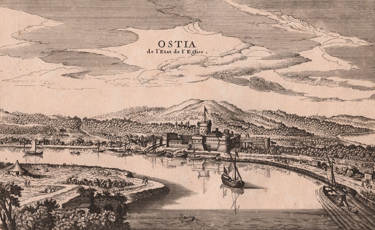 Perspektivvy av Ostia stad och hamn, Lazio, Italien, koppargravyr, ca 278x173 cm av Joan Blaeu