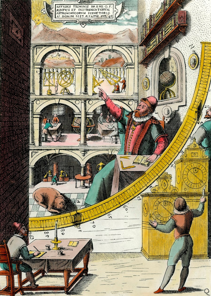 Representation av Tycho Brahe (1546-1601), dansk astronom i hans observatorium Gravyr från "Atlas Major Ssive et cosmographia Blavania labore et sumptibus" av Johannes Blaeu (1598-1673). 1600-talet. Paris, Dekorativ konst av Joan Blaeu