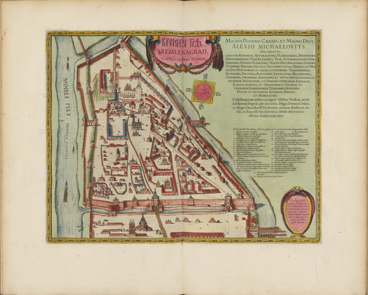 Moskva Kreml-karta från 1500-talet (Castellum Urbis Moskvae), ca 1600 (gravyr och akvarell) av Joan Blaeu