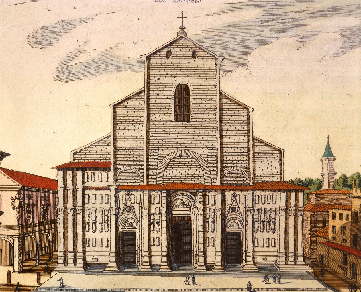 Basilikan San Petronio i Bologna, av Joan Blaeu (1596-1673), tryck från Theatrum Civitatum et Admirandorum Italiae, Italien av Joan Blaeu
