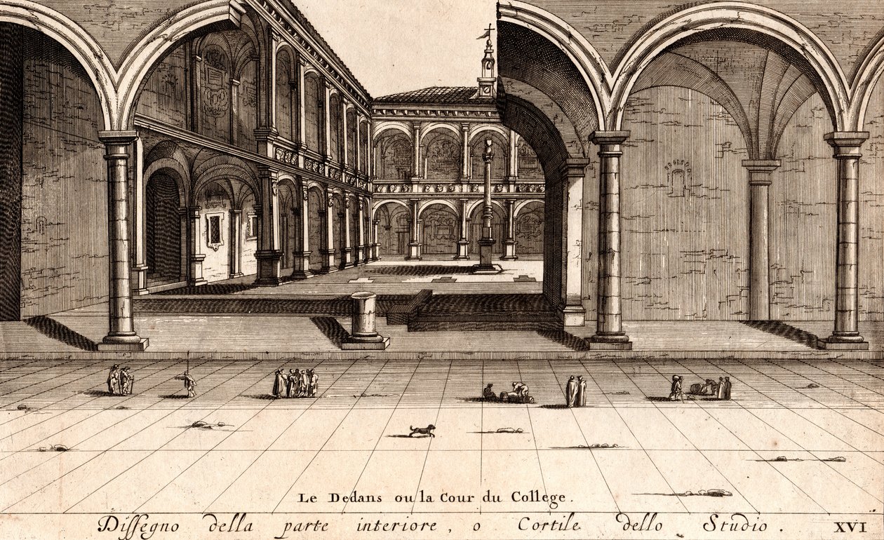 Innergården i Archiginnasio-palatset, Bologna, Emilia-Romagna, Italien, kopparstick, ca 21x29 cm av Joan Blaeu