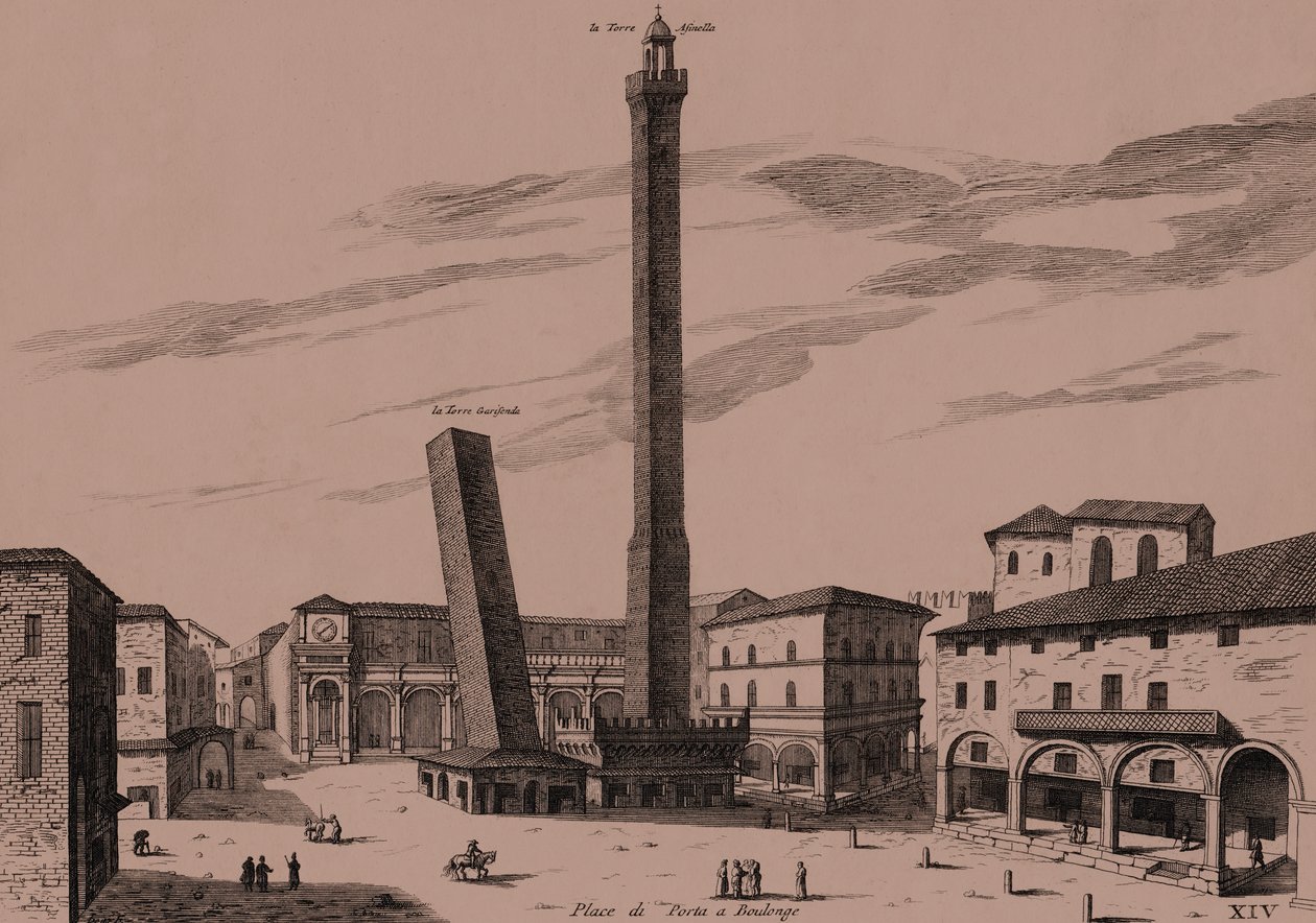 O olo e lua (Asinelli ma Garisenda), Bologna, Bologna, Emilia-Romagna, Italia, togitogiga kopa, pe 21x29 cmswed av Joan Blaeu
