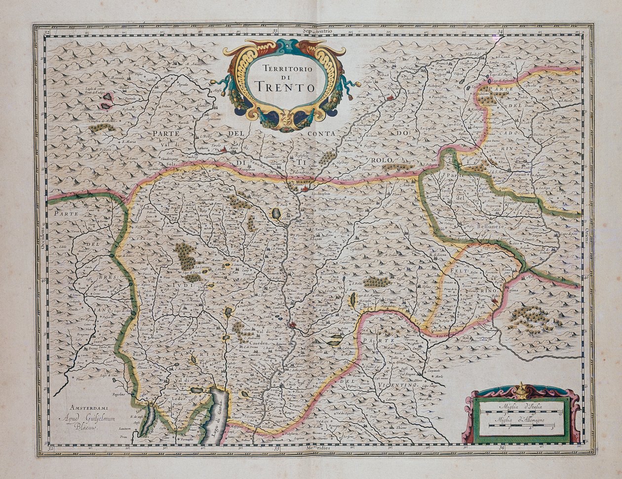 Trento-området, fra Theatre of World, eller New Atlas of Maps and Representations of All Regions (Theatrum orbis terrarum, sive, Atlas novus) af Joan Blaeu (1596-1673), Italyswed av Joan Blaeu