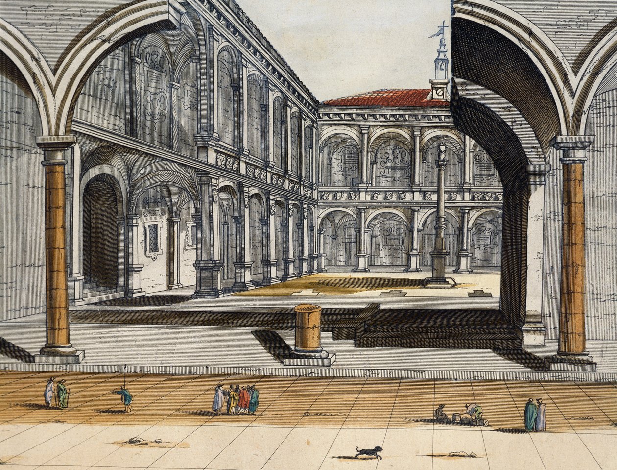 Vy över innergården i det gamla universitetet i Bologna, Joan Blaeu, gravyr, Italien av Joan Blaeu