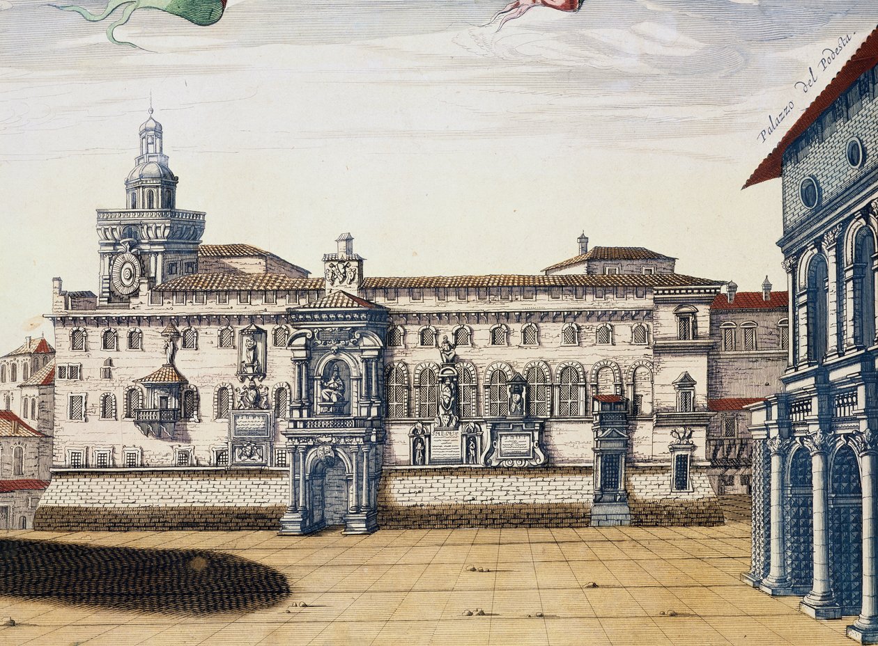 Udsigt over det gamle torv i Bologna, gravering af Giacomo Lauro og Joan Blaeu fra Teatret for byer og vidundere i Italien, udgivet i Amsterdam i 1663 av Joan Blaeu