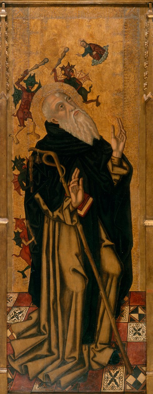 Frestelsen av Sankt Antonius den store plågas av demoner - Sankt Antonius abbot plågas av demoner - Målning av Joan Desi (aktiv 1481-1520) - ca. 1500 - Olja på trä - Museu Nacional d