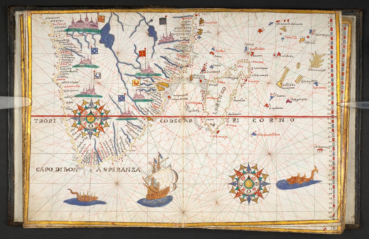 Karta över Afrika söder om ekvatorn, med en del av Indiska oceanen, från "An atlas of 17 sea charts by Joan Martines av Joan Martines