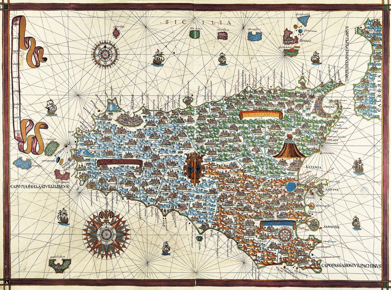 Isle of Sicilien. (Sicilien) Navigationskarta över Joan Martines (1556-1591) av Joan Martines