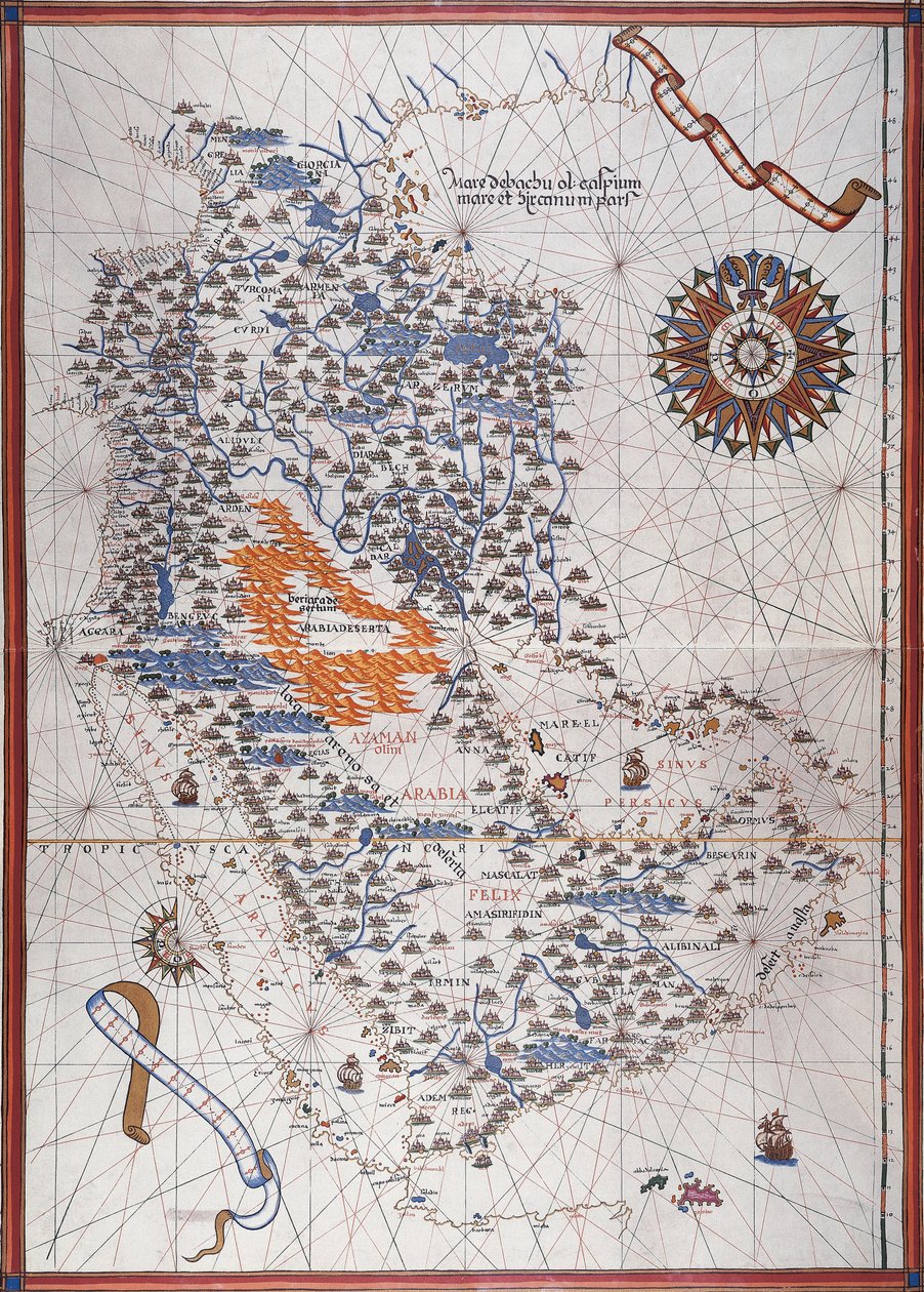 Karta över den arabiska halvön, med vindros och detaljer om hamnar och havskuster, i Atlas de Joan Martines av Joan Martines