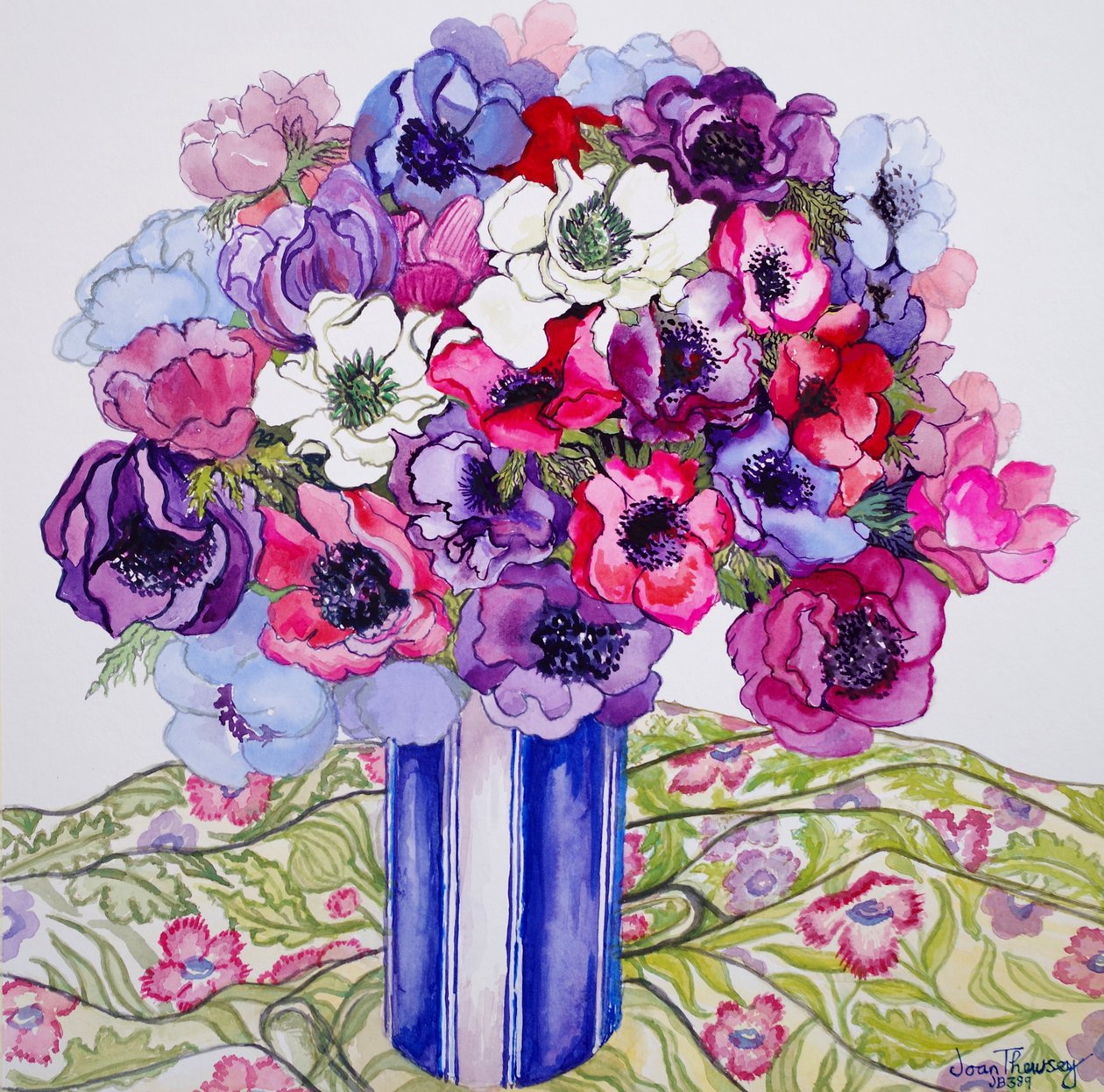 Anemoner i en randig kruka, 2015, akvarell på handgjort papper av Joan Thewsey