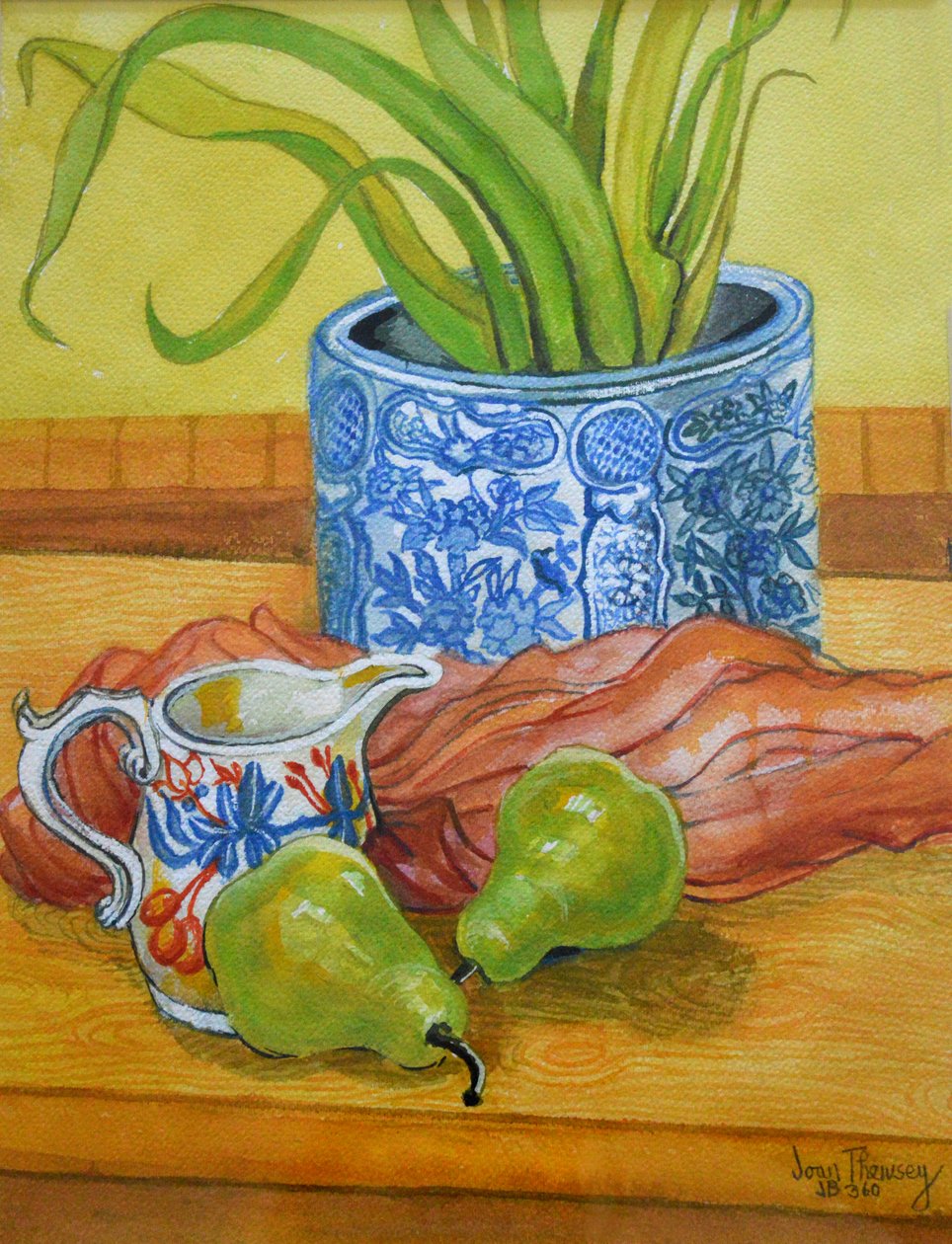 Blå och vit kruka, kanna och päron, 2006 av Joan Thewsey
