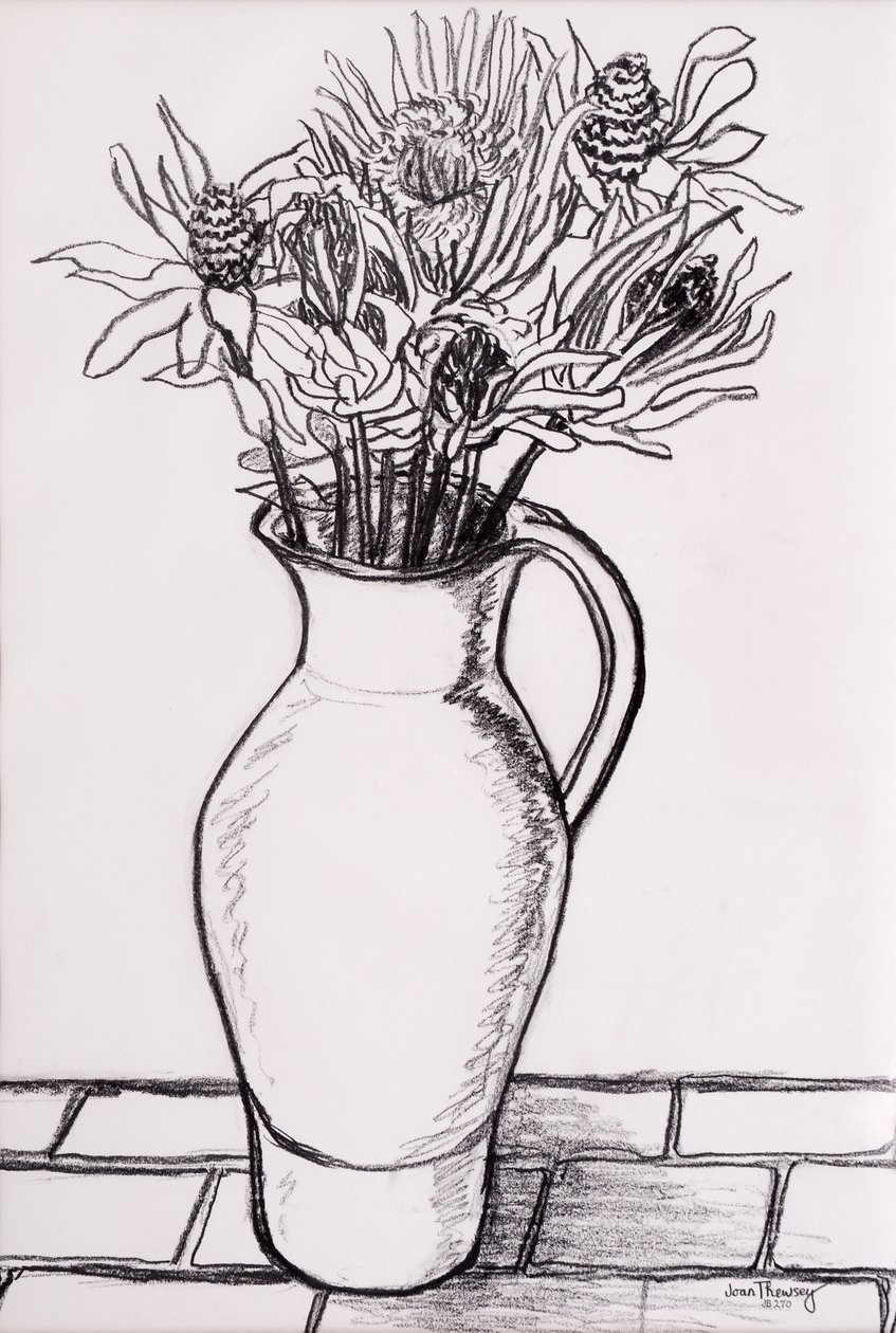 Brun kanna med torkade blommor, 2000, grafit av Joan Thewsey