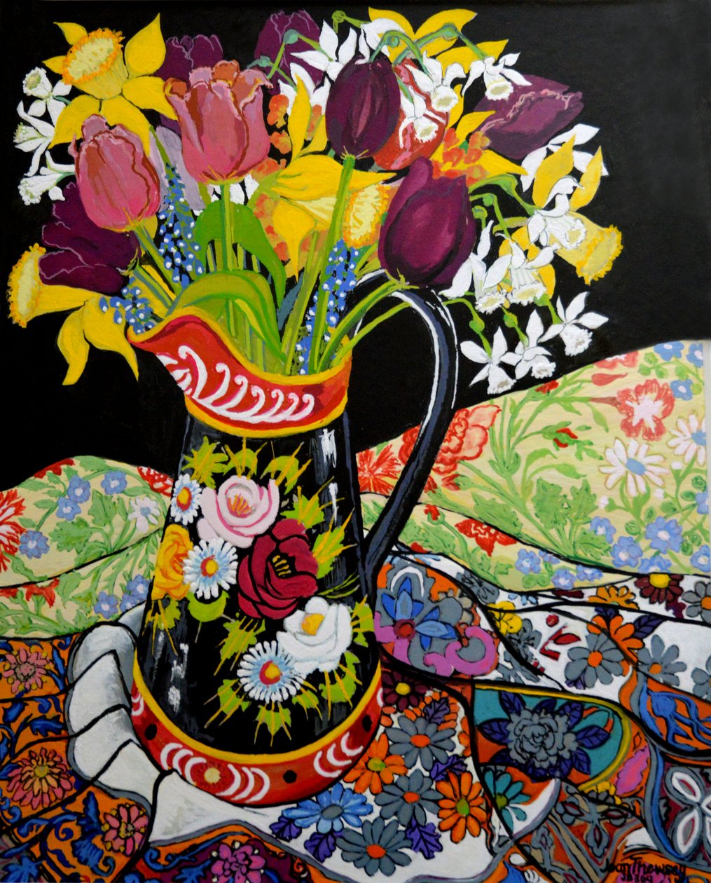 Canal Boat Jug, påskliljor och tulpaner, 2005 (gouache) av Joan Thewsey