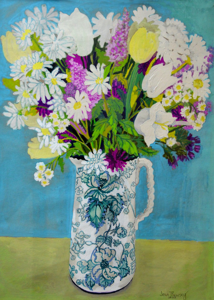 Blommor i en kanna, turkos dekoration, 2011, av Joan Thewsey