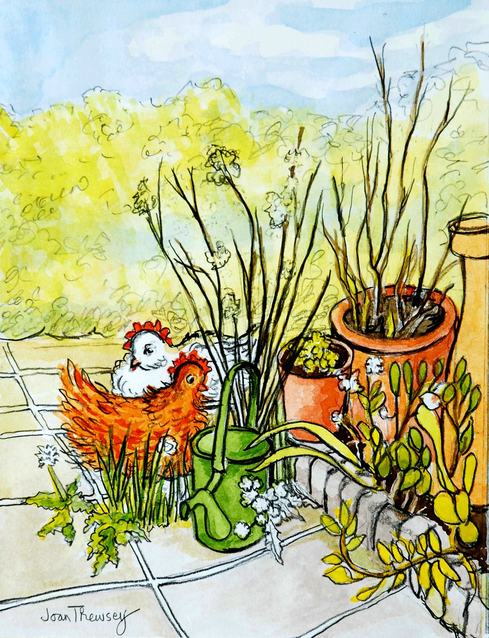 Hens and Pots, Lucy Redman Open Garden, 2000, (penna med vattenfärgstvätt) av Joan Thewsey
