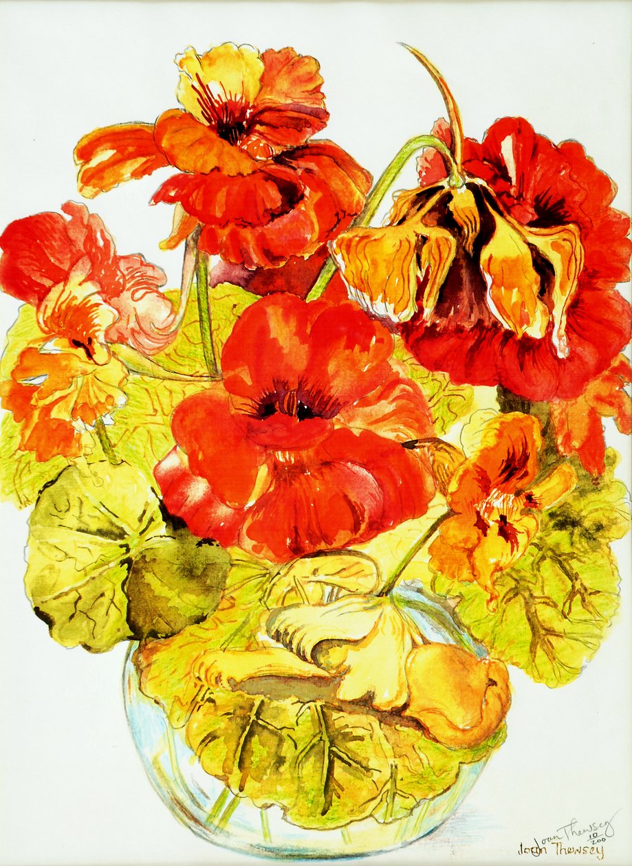 Nasturtiums, 2005, (vattenfärg) av Joan Thewsey