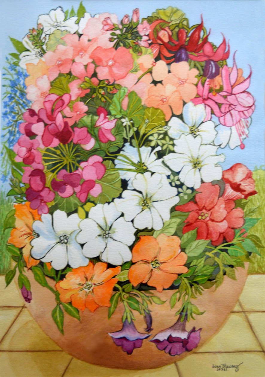 Petunior, pelargoner och fuchsior i en terrasskruka, 2005, av Joan Thewsey