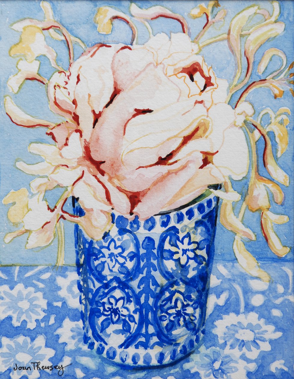 Rosa ros och kaprifol, 2000, (wc på handgjort papper) av Joan Thewsey