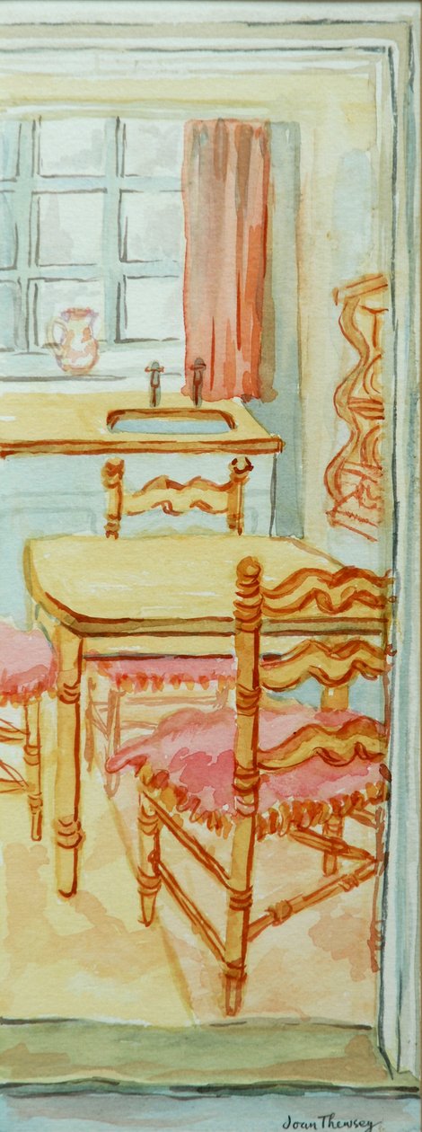 Red Cottage Kitchen, Suffolk, 2000, vattenfärg på handgjort papper av Joan Thewsey