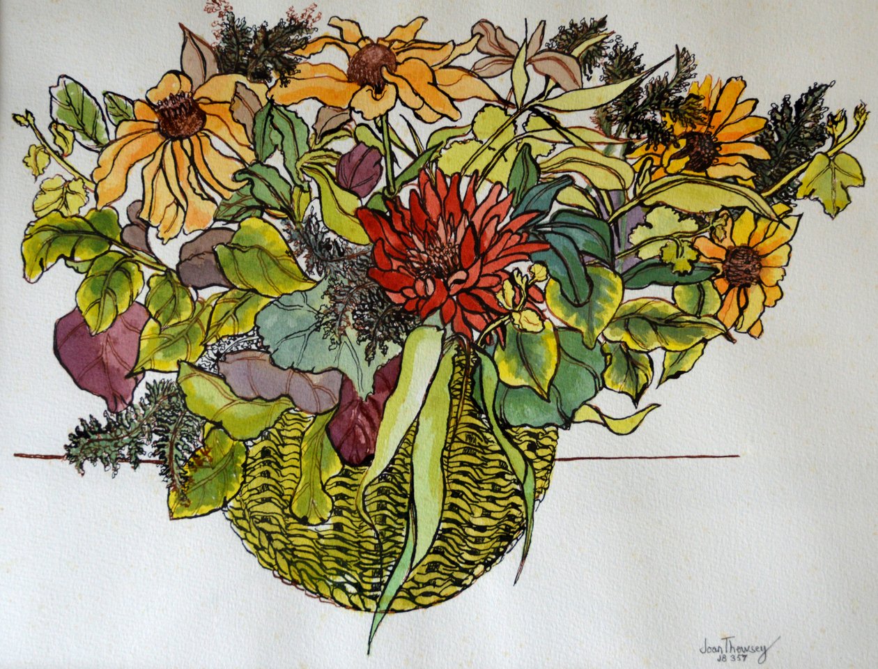 Rudbeckia med bladverk i en korg, 2011, (penna, bläck och akvarell) av Joan Thewsey